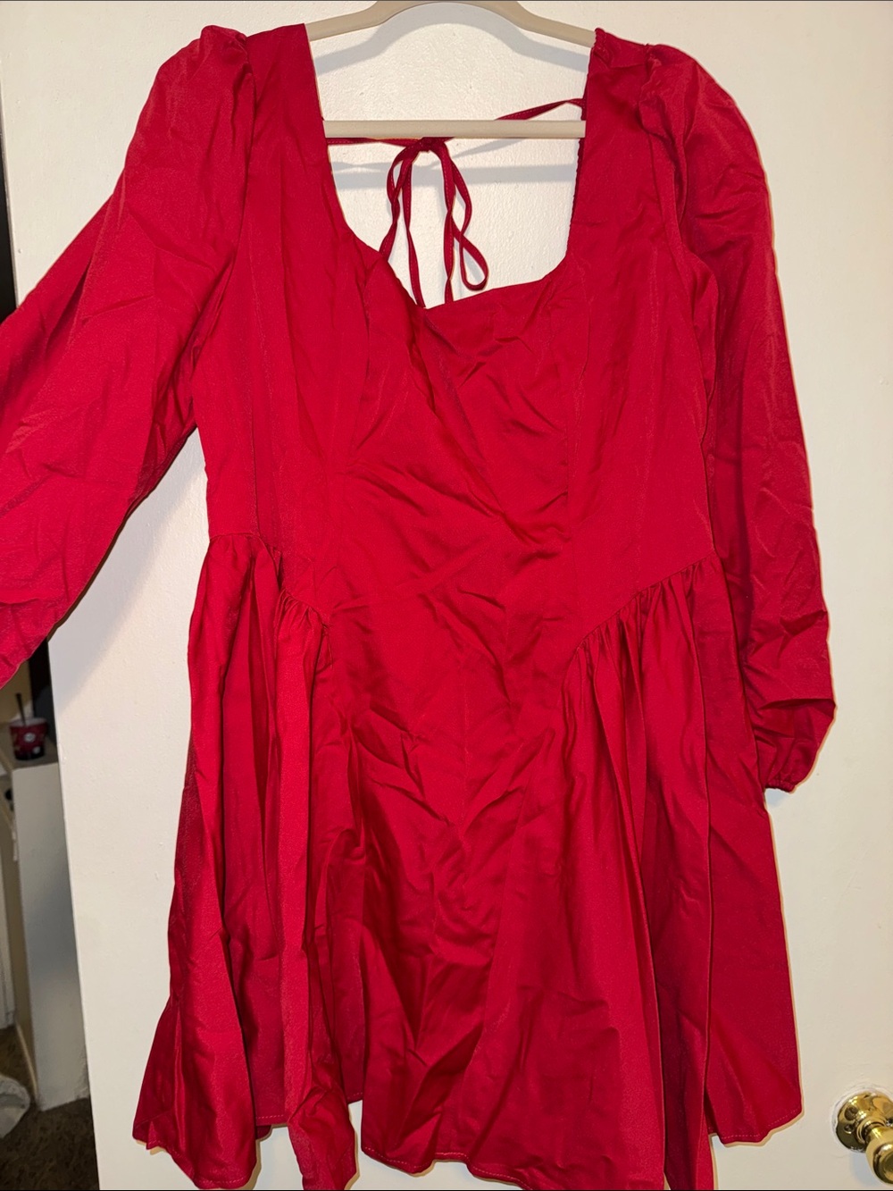 SHEIN Red Square Neck Puff Sleeve Mini Dress